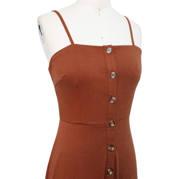 🆕Women’s Brown Cotton Spaghetti Strap Button Down A-Line Midi Beach Sundress - Picture 4 of 7